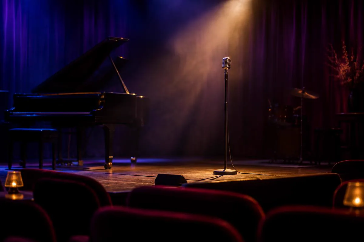 A vintage microphone on a small stage lit by a warm spotlight, with a grand piano and candles nearby