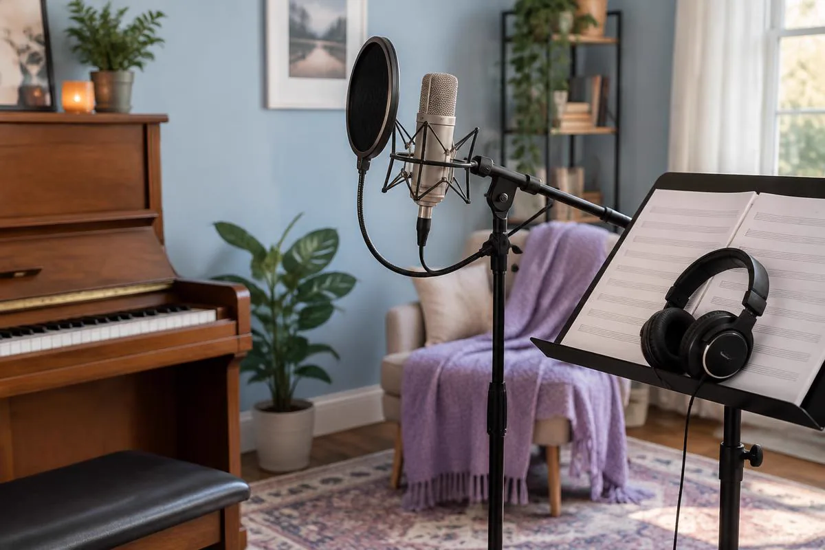 A home vocal studio: a condenser microphone on a boom arm, sheet music on a stand, studio headphones, and an upright piano
