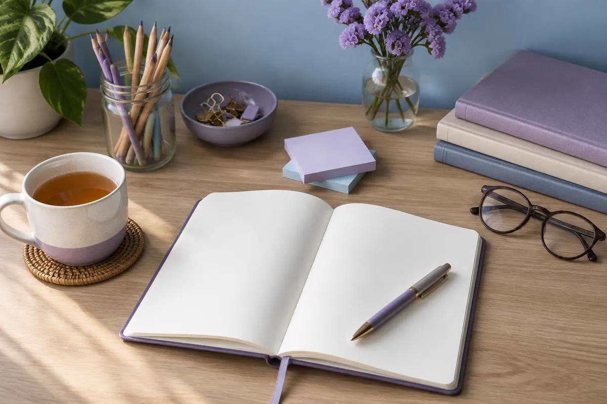 A calm creative desk with an open notebook and pen, a cup of tea, colored pencils, and lavender journals